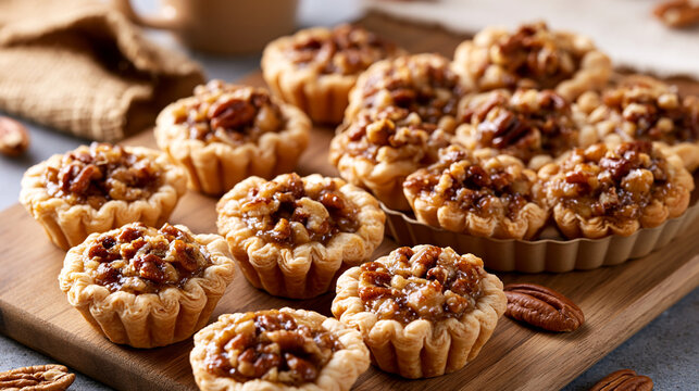Fresh Baked Pecan Tartlets Arranged Across a Wooden Serving Board