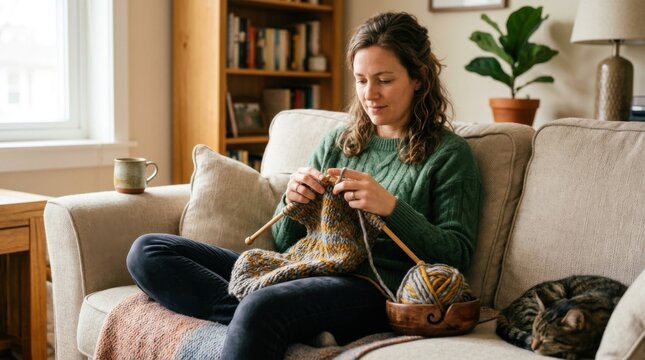 Woman knitting on sofa with cat sleeping nearby and mug of tea on side table cozy home scene