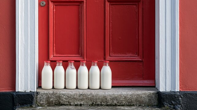 Milk bottles arranged on a step in front of a red door in a residential area during daytime Generative AI