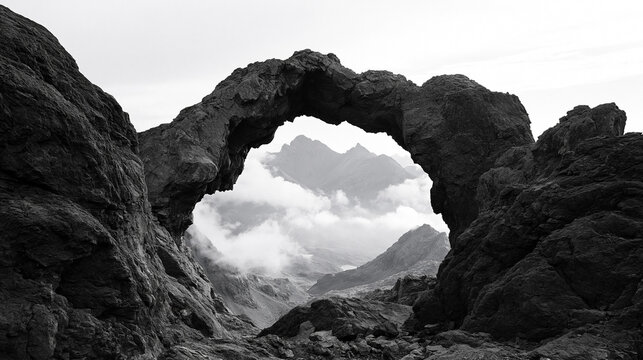 Natural Rock Arch Framing Distant Mountains and Cloud Filled Valley