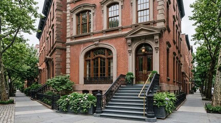 Naklejka premium Red brick townhouse entrance with arched windows and planters