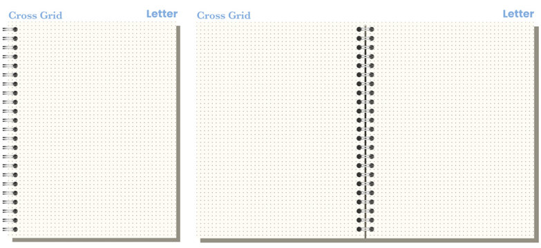 Ivory cross grid notebook page shows fine crosshatched squares, black wire binding, and upright horizontal formats on white background. Suitable for schoolwork, planning, stationery layouts, notes