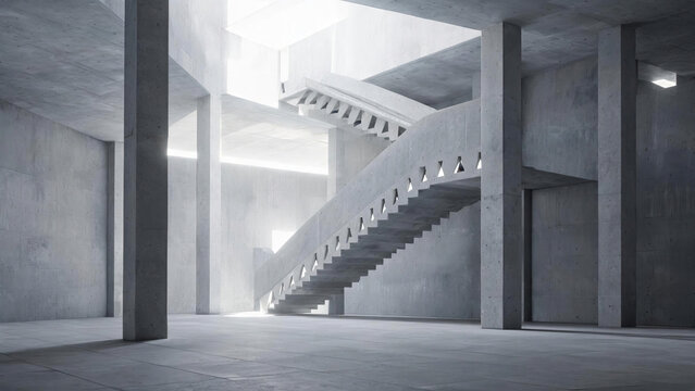 A vast, empty modern interior space featuring a raw concrete staircase and structural columns, illuminated by natural light from above.