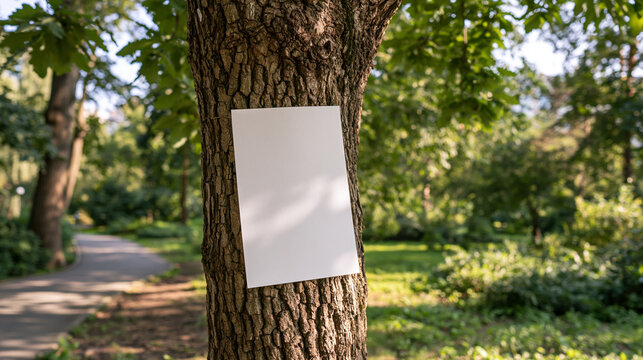 Blank White Paper Attached to a Tree Beside a Park Path