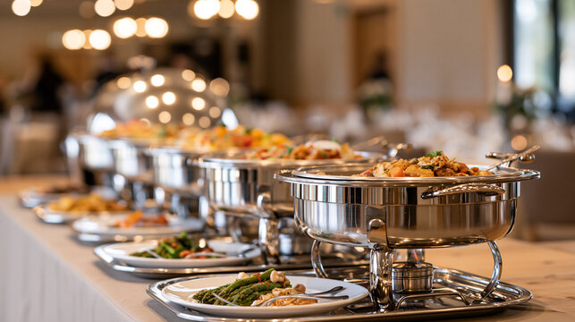 Buffet Line with Stainless Chafing Dishes Filled with Hot Food