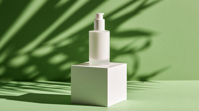White Cosmetic Pump Bottle on Pedestal Against Green Palm Shadows