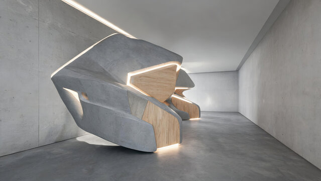 A modern abstract interior installation combining concrete, wood, and integrated lighting in a minimalist concrete room.