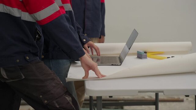 Construction home inspector blueprint laptop table planning teamwork project architecture design engineer building workwear hands indoors office meeting collaboration draft paper technical uniform
