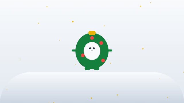 Cute Animated Christmas Wreath Character Dancing in Snowfall.