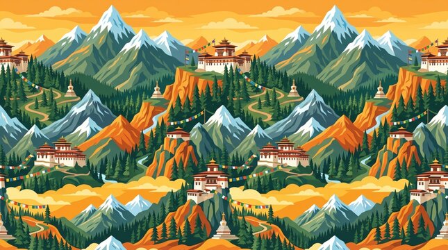 Bhutan patterns with bhutanese himalayan traditional geometric botanical mountain himalaya architecture ornament wildlife