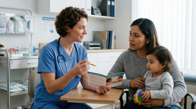 Pediatrician Explains Vaccination to Mother Holding Infant in Clinic Examination Room