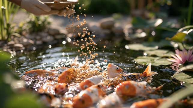 Koi Fish Splashing at the Surface as Food Pellets Fall