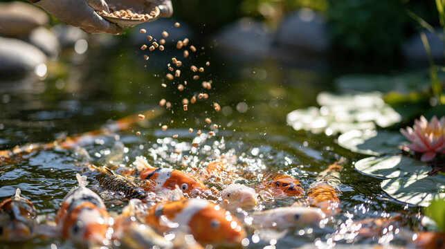 Pellets Scatter Above a Busy Pond Filled with Hungry Fish