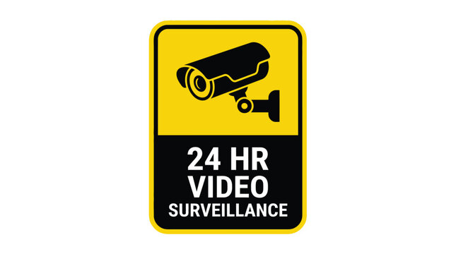 Yellow security sign featuring black camera icon and bold text stating twenty four hour surveillance