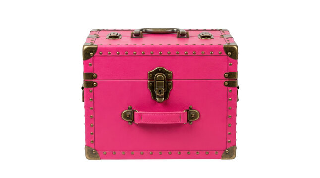 Vintage style pink makeup train case with brass hardware and handle, isolated on transparent background