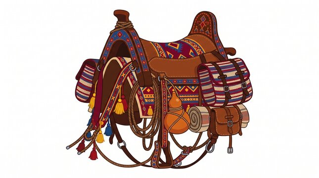 Colorful handwoven saddle bags on a traditional wooden pack saddle for animals.