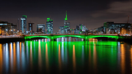 Fototapeta premium A city skyline illuminated at night, with a bridge glowing green and its reflection shimmering on the water