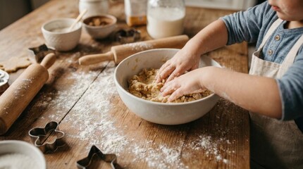 Fototapeta premium Childs Hands Kneading Cookie Dough on a Flour Dusted Wooden Table with Baking Utensils