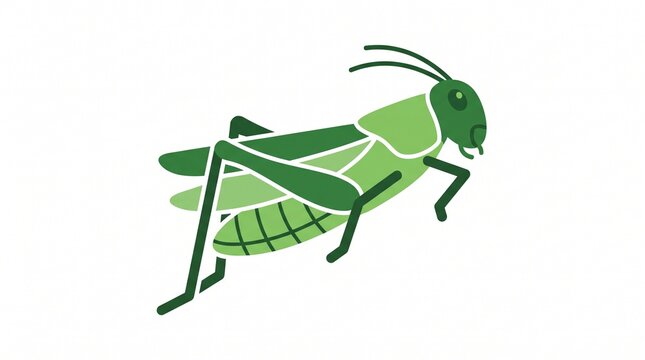Vibrant green grasshopper with geometric pattern design on white background.