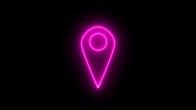 Abstract location glowing neon icon fast tracking map pin icon animation on black background.