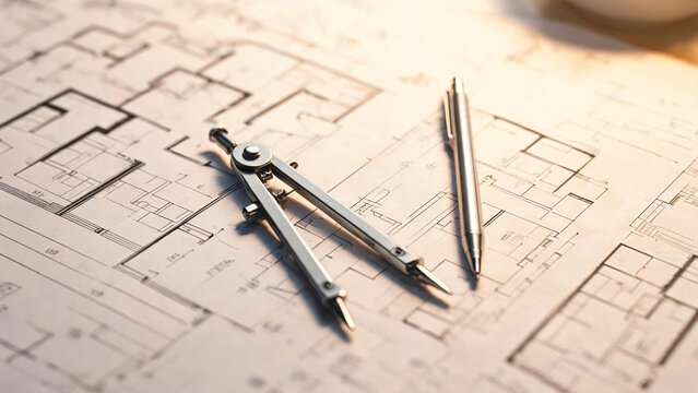 Drafting tools including a compass and pen rest on an architectural blueprint showing building plans.