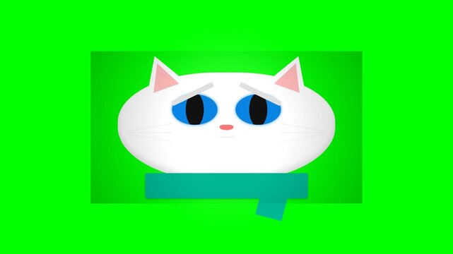 Cute Animated White Cat Character Expressing Sadness on Green Screen Background.