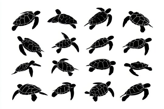 Collection of black silhouettes of sea turtles in various swimming poses isolated on white background