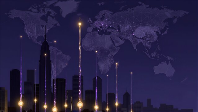 Purple light beams connect city skyscrapers to a global network map.