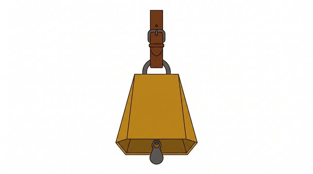 Vector illustration of a traditional golden cowbell hanging from a brown leather strap.