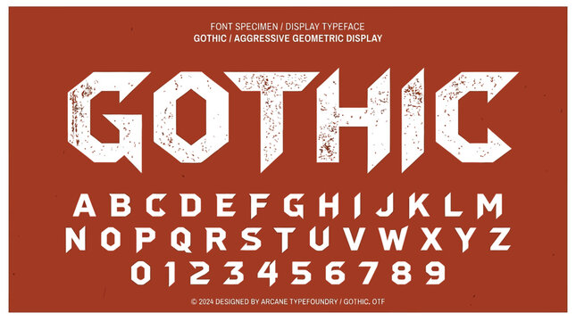 Gothic style display typeface featuring aggressive geometric letters with distressed vintage textures presented on a solid deep orange background design