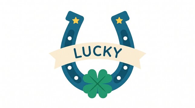 Lucky horseshoe vector illustration with four leaf clover and ribbon banner.