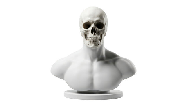 A white anatomical bust sculpture featuring a human skull head on a muscular torso, isolated on transparent background