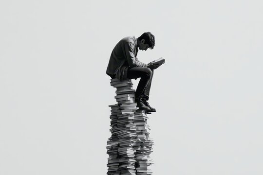 A young man sitting on a tall, precarious stack of books, reading intently, isolated on white background