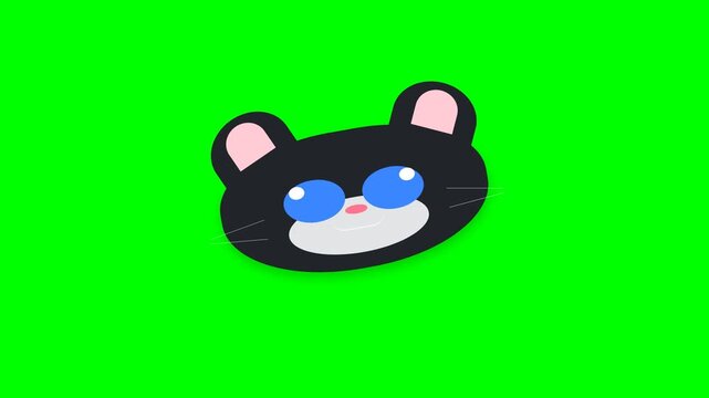 Cute Animated Black Cat Head Character with Blue Eyes on Green Screen.