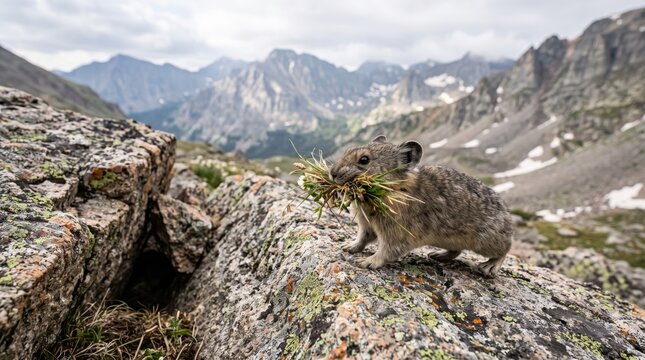 pika animal holding green grass in its mouth while standing on a rocky mountain slope