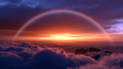 Naklejka premium A beautiful rainbow arches over a bed of clouds during a dramatic sunset, painting the sky with vibrant colors. The scene evokes a sense of wonder and hope.