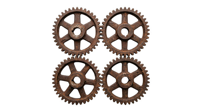 Four interconnected rusty metal gears isolated on transparent background