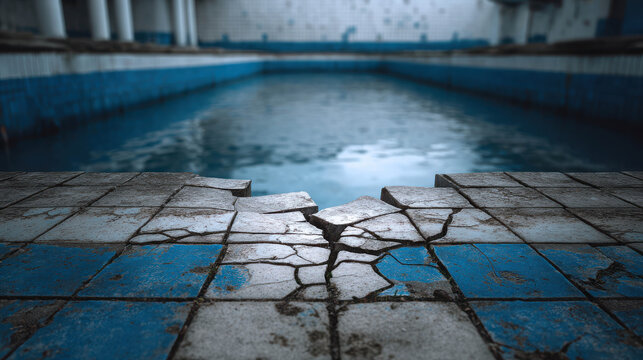 An abandoned swimming pool with cracked tiles and murky blue water, conveying a sense of decay and neglect