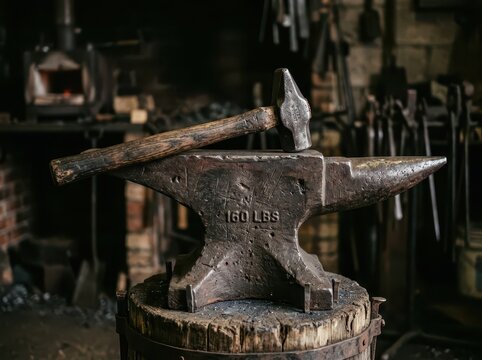 A heavy blacksmith hammer resting on a vintage 160 lbs iron anvil mounted on a wooden stump in a traditional metalworking workshop