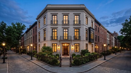 Obraz premium White brick corner townhouse with garden fence and illuminated windows