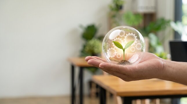Green energy and sustainable business concept with a tiny plant growing inside a glass bulb