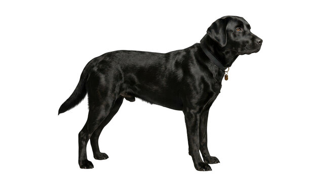 A side profile of a handsome black labrador retriever dog standing alert and looking to the right, isolated on transparent background