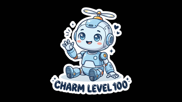 Cute cartoon robot waving hello with "Charm Level 100" text.