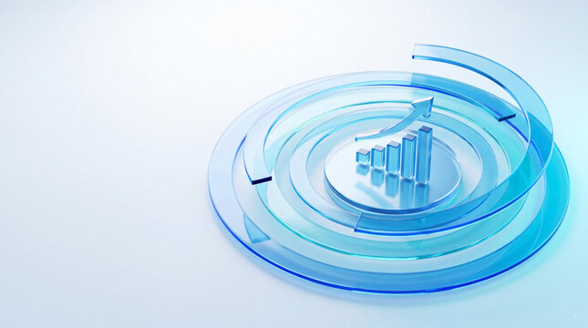 Abstract blue 3D business growth dashboard with rising bar chart, upward arrow, circular data rings and futuristic financial analytics design