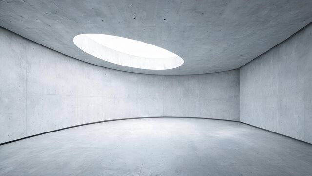 An empty modern interior space made of concrete, featuring a circular skylight on the curved ceiling.