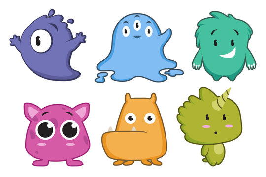 Cute colorful cartoon monster characters collection with fantasy creatures isolated on white