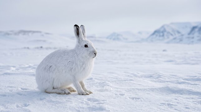 white arctic hare sitting on cold snow in the winter wilderness with mountains in background