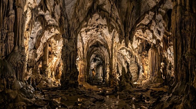Majestic underground cavern with intricate stone pillars
