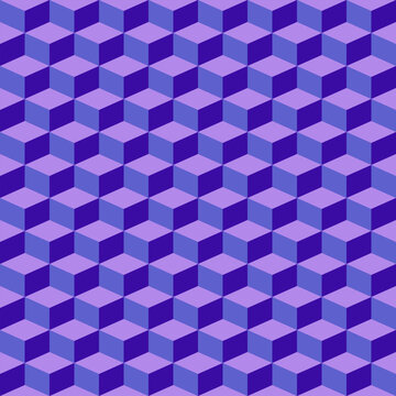 Abstract purple isometric cube pattern with 3D tumbling block optical illusion, geometric hexagon tessellation texture, seamless vector background for wallpaper, fabric and digital design