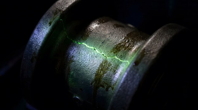Fluorescent magnetic particle testing revealing metal defect crack